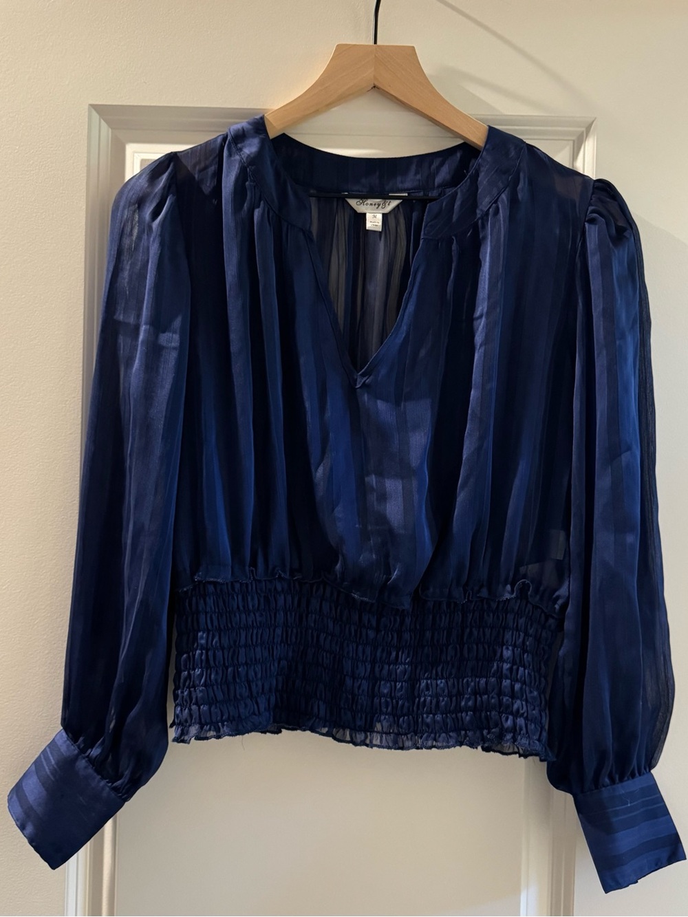 Navy‎ Smocked-Waist Sheer Blouse